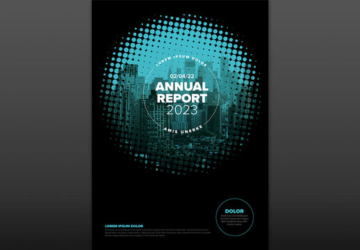 Black annual report front cover page template with photo in halftone effect circle frame