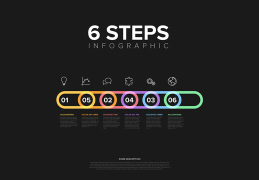 Six rounded horizontal steps elements template made from thick line ovals with black background
