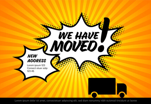 We have moved minimalistic yellow flyer template with comic strip bubbles