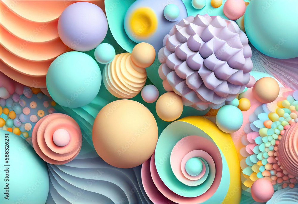Poster abstract candy background with pastel colorful geometric shapes, in 3d style, ai generation