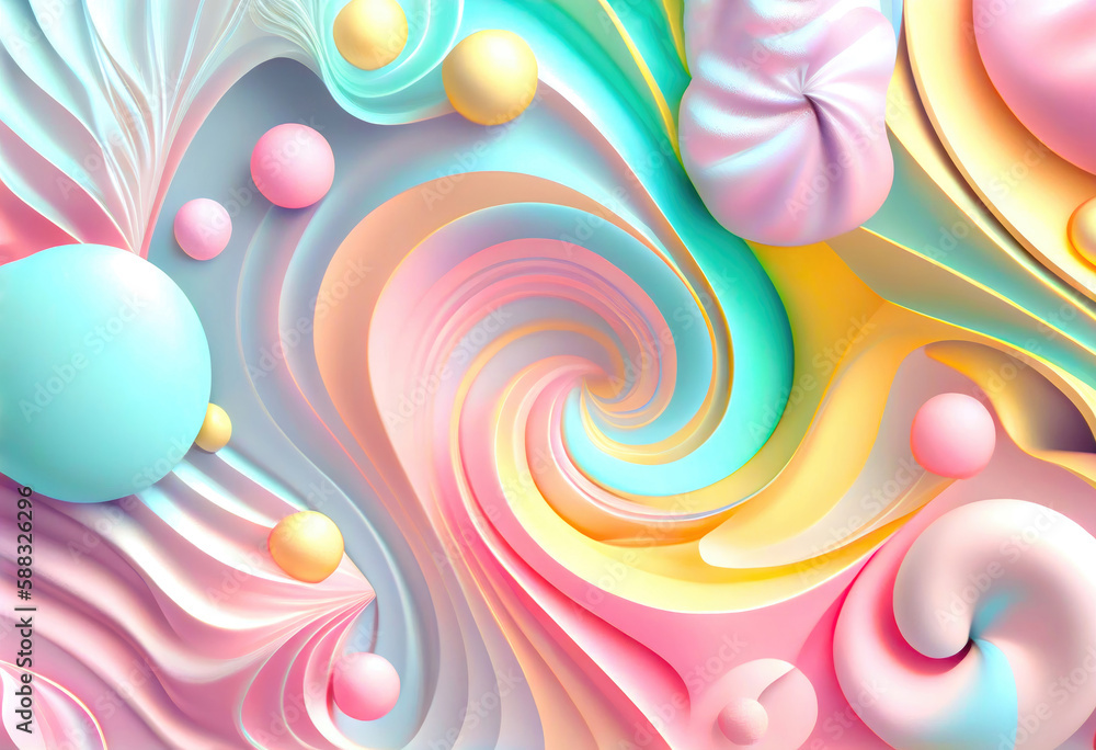Poster abstract candy background with pastel colorful geometric shapes, in 3d style, ai generation