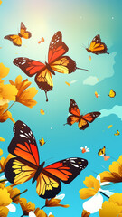 Beautiful butterfly with sun and flowers, fresh and cute wallpaper with live and bright colors, in love of nature