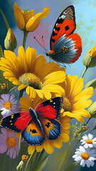 Beautiful butterfly with sun and flowers, fresh and cute wallpaper with live and bright colors, in love of nature