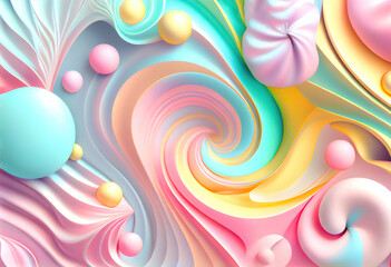 abstract candy background with pastel colorful geometric shapes, in 3d style, ai generation