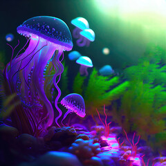 Fototapeta na wymiar Beautiful jellyfish on a dark fantasy underwater background, ai generation