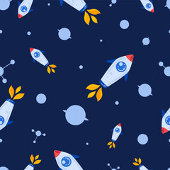 Fototapeta premium Space pattern on blue background with rockets and planets