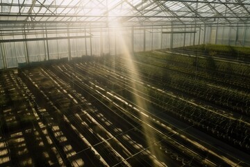 aerial view of greenhouse filled with rows of plants