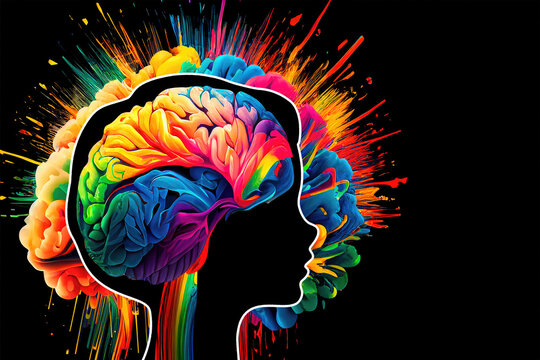 Silhouette of human head brain with colorful paint splashes on black background, banner, ai generation