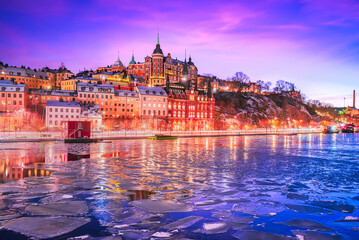Stockholm, Sweden. Night scenic Mariaberget downtown  and frozen Lake Malaren