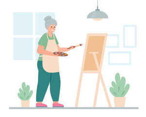 Elderly woman artist painting picture on easel. Senior people active lifestyle and creative hobby concept. Vector cartoon or flat illustration.