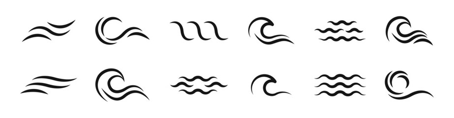 Flat black wave icons. Water wave vector icon set. Wave symbol collection.