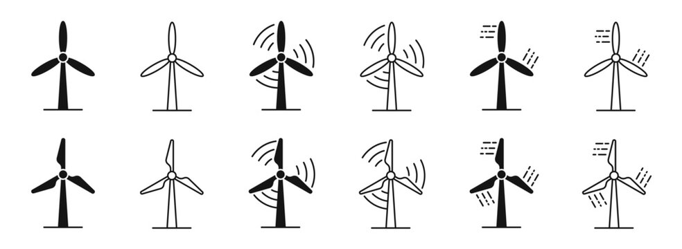 Windmill vector icons. Wind turbine icons. Wind power icons. Wind turbine vector silhouettes. Alternative energy symbols.