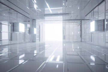 Technology background of a white room made of irregular cubes, Generative AI