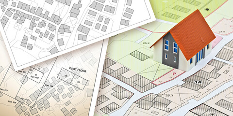 Cadastral map with buildings, free land parcel for house construction - building activity and permit concept with home model