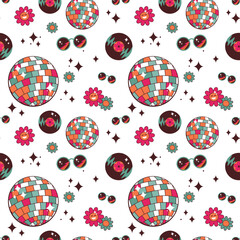 Seamless patern inspired by disco and the era of the 70-80s. Disco ball, sunglasses, vinyl, daisies, tropical leaves, stars and shine - 588327856
