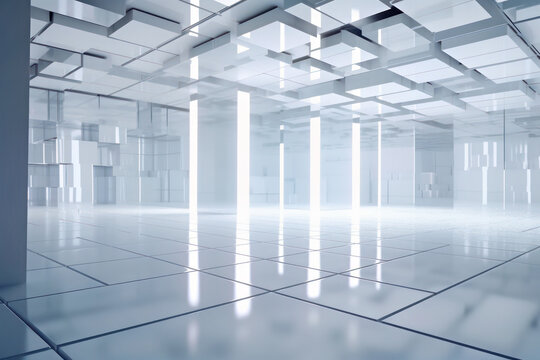 Technology background of a white room made of irregular cubes, Generative AI