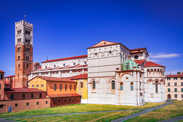 Lucca, Italy. St Martin Cathedral tower in background, postcard of Tuscany.