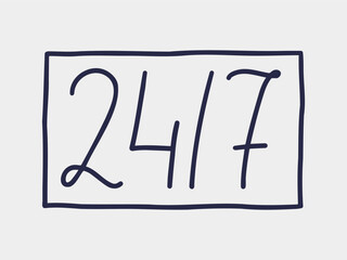 Open 24 slash 7 lettering. Icon to illustrate 24 hours in 7 days support. 24 hours service.