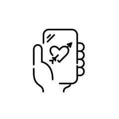 Dating app on smartphone. Heart pierced with arrow. Online romantic relationship. Pixel perfect, editable stroke icon