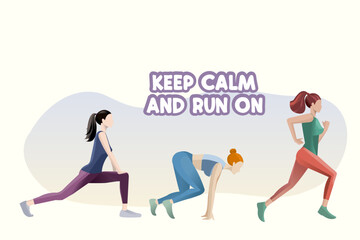  Set of flat style vector illustration depicting three beautiful  girls who are engaged in jogging, including a warm-up.
