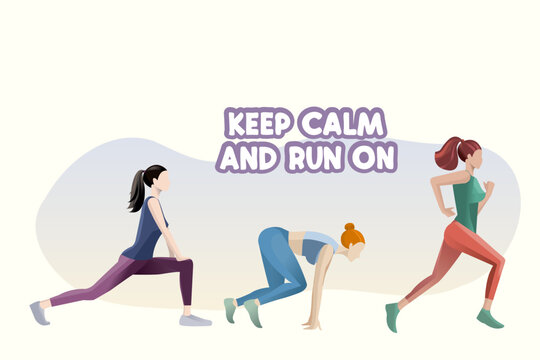  Set of flat style vector illustration depicting three beautiful  girls who are engaged in jogging, including a warm-up.