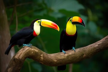 Two beautiful bright toucans are sitting on a tree branch. Live nature. Generative AI