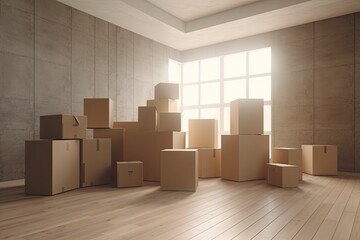 Pile of cardboard boxes on the floor in an empty apartment, moving house. Generative AI