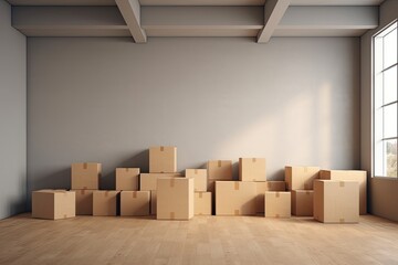 Lots of cardboard boxes in an empty room, moving house. Generative AI
