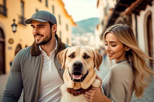 Couple is on walk in city with dog Labrador