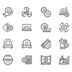 Set of vector icons related to engineering. Vector illustrations such as engineering drawings, engineering calculations, engineering operators and more with editable black outline.