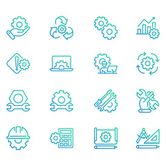 Set of vector icons related to engineering. Vector illustrations such as engineering drawings, engineering calculations, engineering operators and more with editable gradient color outlines.