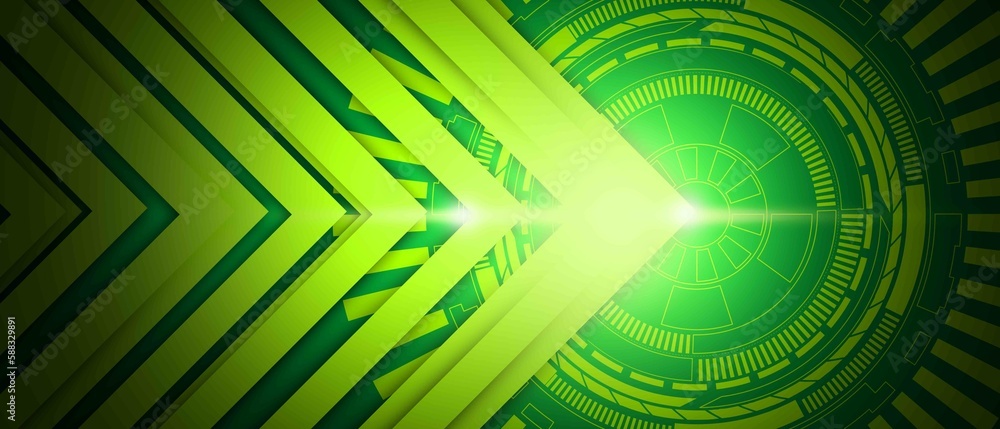 Poster abstract technology concept green arrows with circles lines and lighting effect background