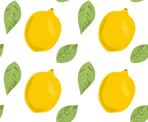 Whole lemons with lemon leaves. Seamless pattern in vector. Summer pattern. Suitable for prints and backgrounds.