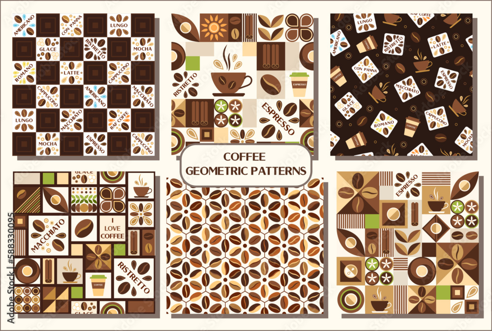 Leinwandbilder set of coffee theme patterns with design elements in simple geometric style. background with abstrac