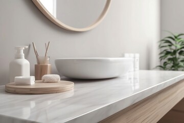 Fototapeta na wymiar Blank Shelf Decoration Mockup in Bathroom with Copy Space for Product on Blurred Background