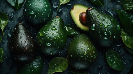 Illustration of avocados on a wet black table