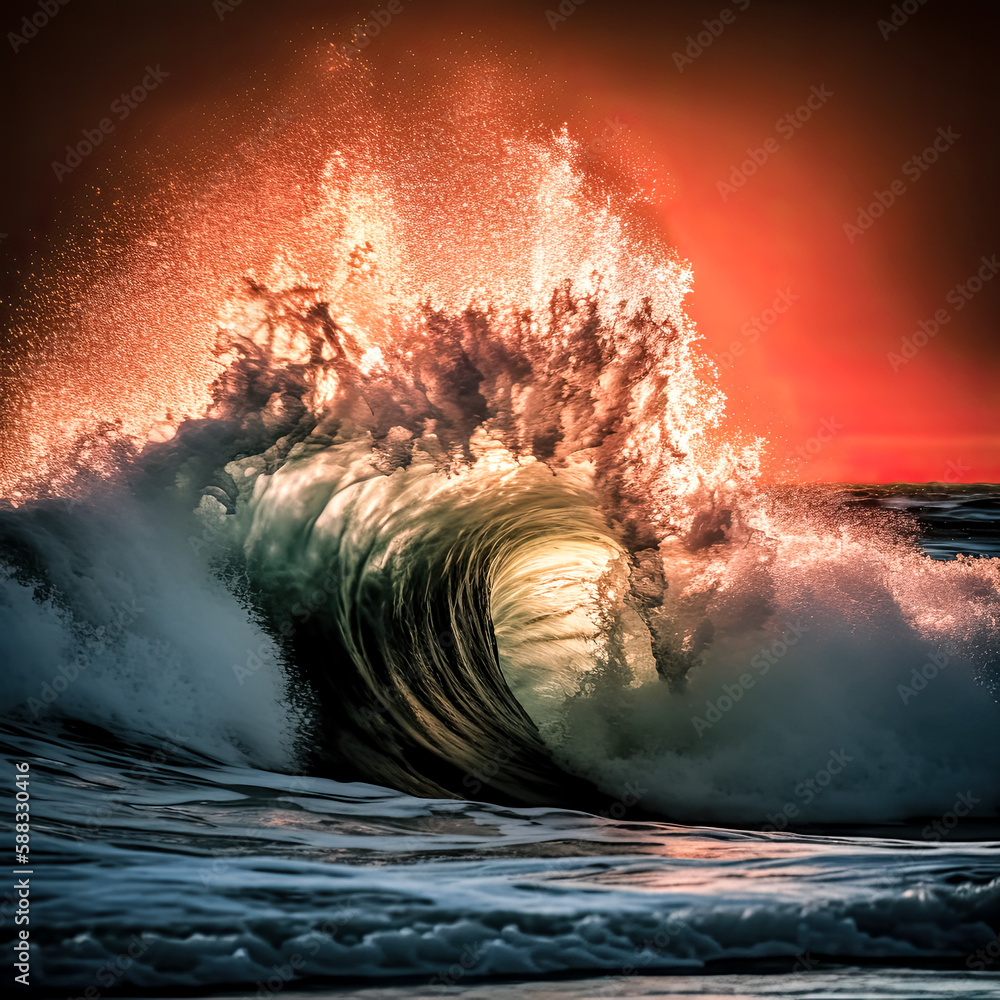 Poster a burst of energy erupts from the ocean's surface, sending waves of water and foam into the air - ge