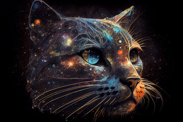 Portrait of a cat in space. AI generated