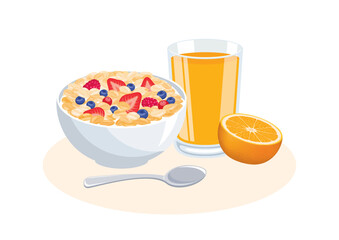 Healthy breakfast with oatmeal and glass of orange juice icon vector. Cereal breakfast with fruits icon vector isolated on a white background. Oat flakes breakfast still life drawing