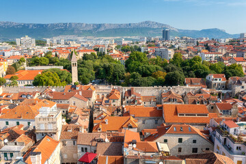 Fototapeta na wymiar Split old city, beautiful cityscape, top view from Diocletian’s palace bell tower, outdoor travel background, Dalmatia, Croatia. Famous tourist destination in the country and in Europe