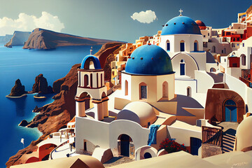 The ancient city on the Mediterranean coast - Santorini. AI generated.
