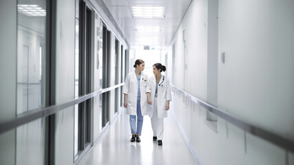 Female doctors walking in the hospital corridor, healthcare workers in scrubs discussing talking