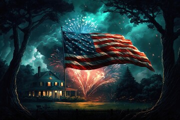 Fourth of July fireworks, Independence Day, American flag, United States of America, generative AI