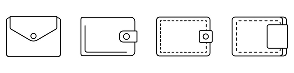 Wallet icon. Set of black linear icons of wallets on white background. Wallets logo design. Vector illustration