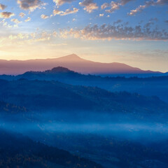 Morning autumn Carpathian Mountain country daybreak landscape.