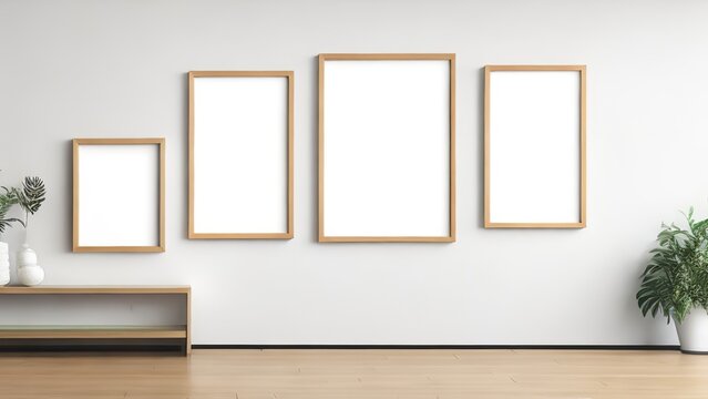 Mockup of four blank wooden photo frames in a contemporary setting. 