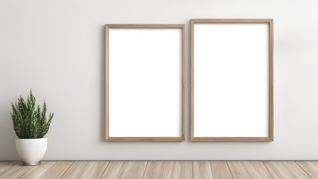 Mockup of two blank wooden photo frames in a contemporary setting. Generative AI.