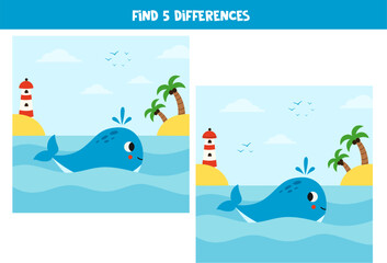 Find 5 differences between two cute cartoon whales.