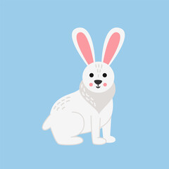 Vector illustration of cartoon arctic hare isolated on blue background.