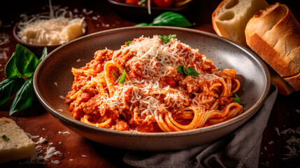 Authentic Italian Cuisine: Mouthwatering Bolognese Pasta Dish Served in a Traditional Italian Restaurant, Generative AI